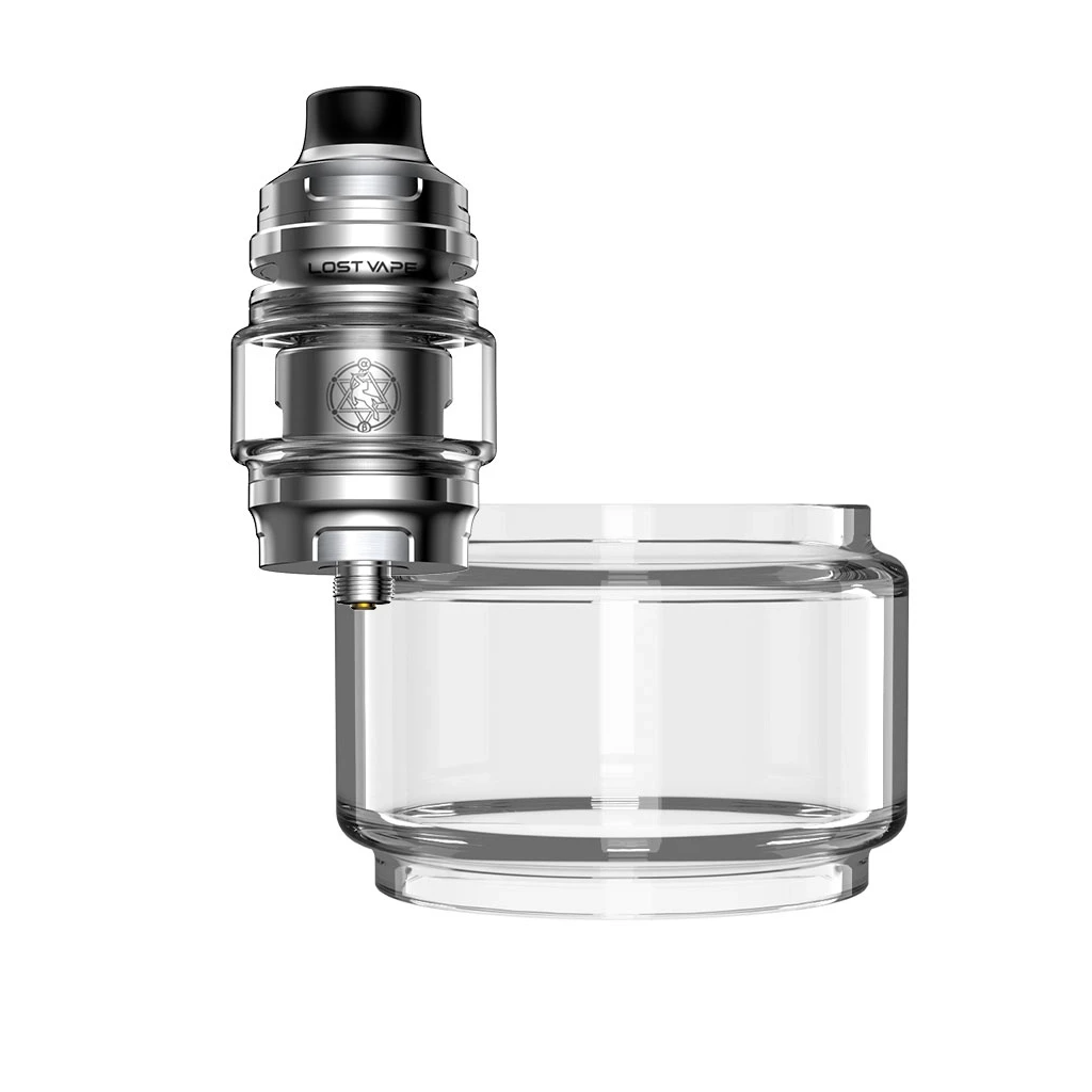 Cristal transparente abombado Centaurus Bubble Glass de Lost Vape, junto a un atomizador plateado con boquilla negra sobre fondo blanco.
