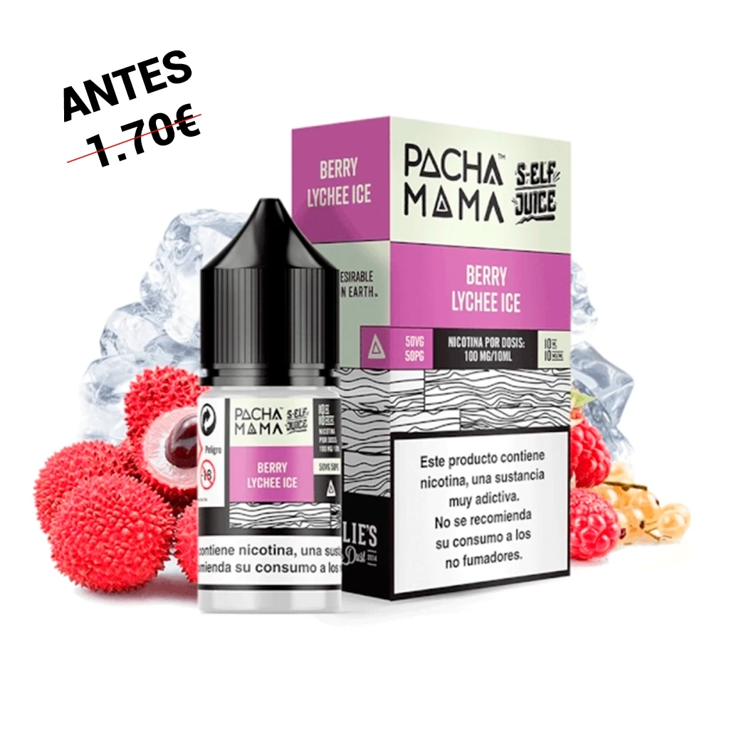 Frasco y caja de Pachamama Berry Lychee Ice con etiquetas rosas, rodeados de lichis, frutos rojos y cubitos de hielo.