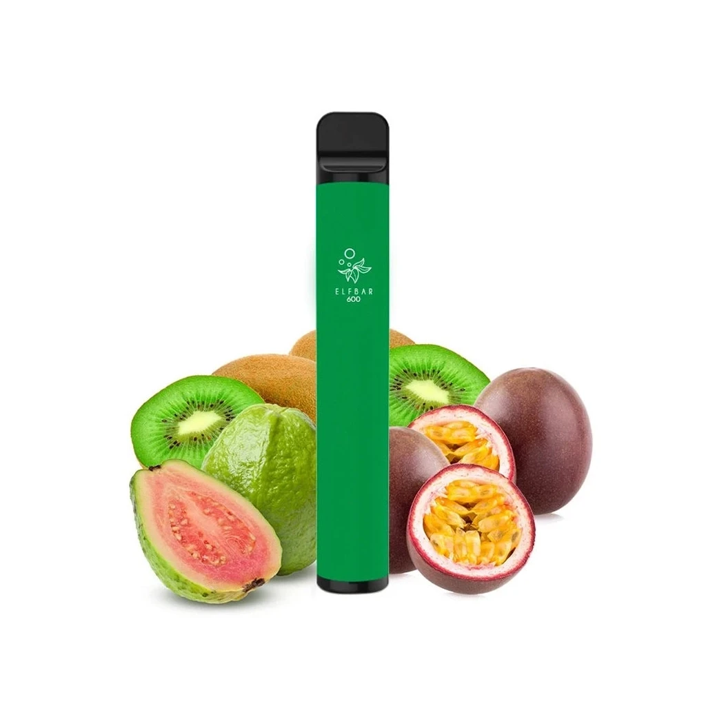 Elfbar 600 Kiwi Passion Fruit Guava verde con boquilla negra, rodeado de kiwis, guayaba y frutas de la pasión enteras y cortadas.
