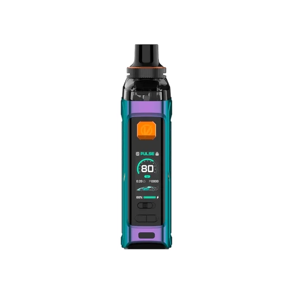 Vaporesso Armour G con cuerpo verde azulado y morado, botón naranja, pantalla con lectura de 80 y boquilla negra, sobre fondo blanco.