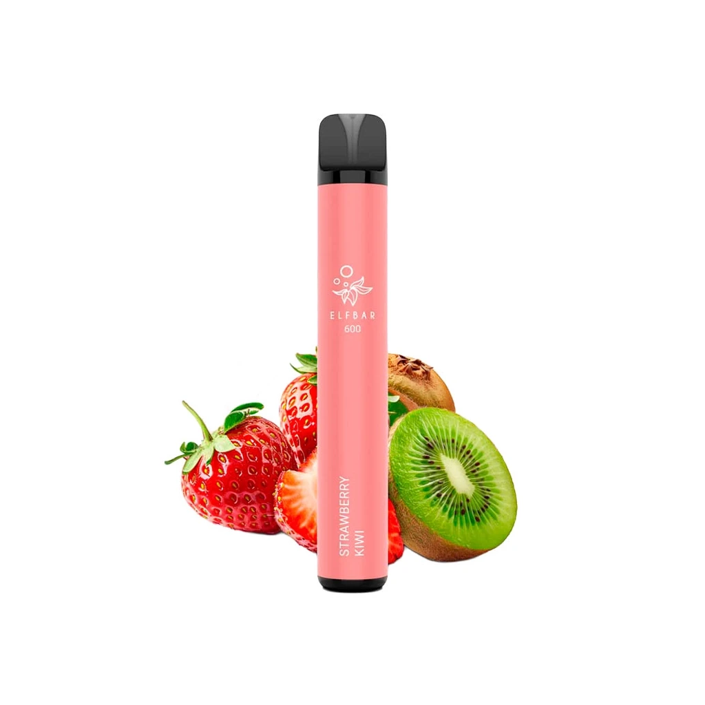 Vapeador Elfbar 600 Strawberry Kiwi de cuerpo rosa y boquilla negra, con fresas y kiwi detrás sobre fondo blanco.