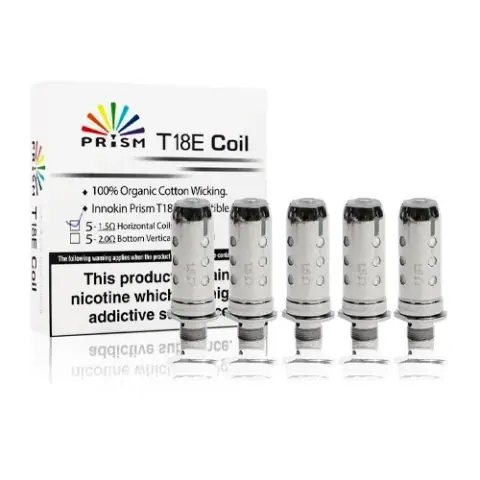 Varias resistencias cilíndricas Innokin Prism con orificios laterales, alineadas delante de una caja rotulada T18E Coil.