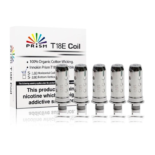 Varias resistencias cilíndricas Innokin Prism con orificios laterales, alineadas delante de una caja rotulada T18E Coil.