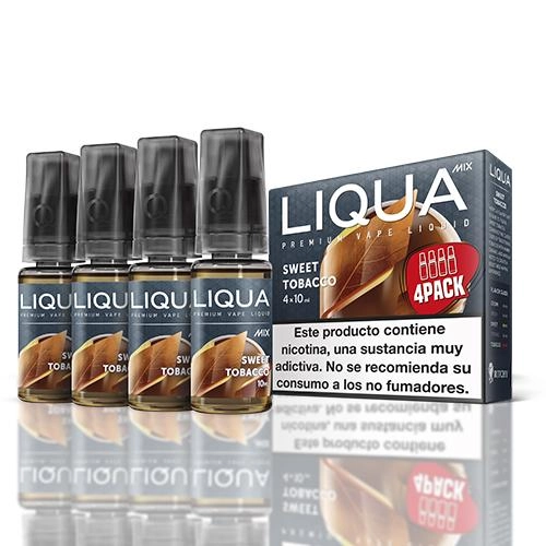Varios frascos de Liqua Mix Sweet Tobacco junto a su caja con el distintivo 4PACK y advertencia sobre nicotina, sobre una superficie reflectante.