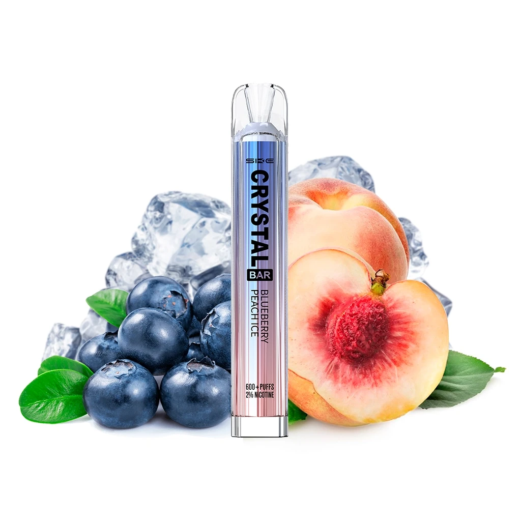 Vaper SKE Crystal Bar Blueberry Peach Ice, azul y rosa con boquilla transparente, ante arándanos, melocotones y hielo.