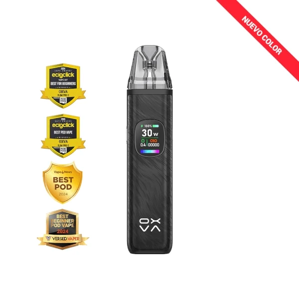 Vaper Oxva Xlim Pro 2 Black con pantalla que muestra 30 W y boquilla translúcida, junto a insignias y una banda de «Nuevo color».