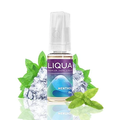 Frasco de e-líquido Liqua Menthol de 10 ml con tapón translúcido, rodeado de hojas verdes y cubitos de hielo sobre fondo blanco.