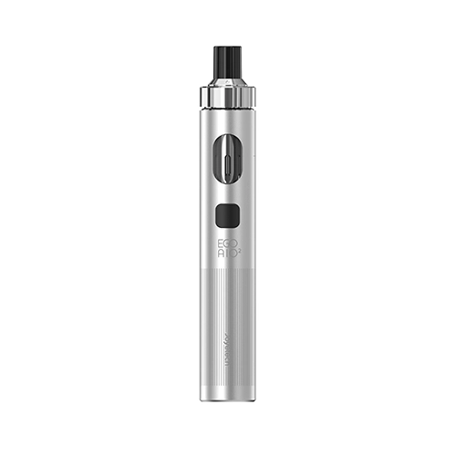 Joyetech eGo Aio 2 Pod Kit plateado en posición vertical, con boquilla negra, ventana ovalada y botón frontal negro sobre fondo blanco.