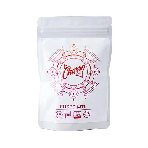 Bolsa blanca resellable de resistencias Charro Coils, con diseño geométrico rosa y etiqueta Fused MTL de 0,75 Ω.