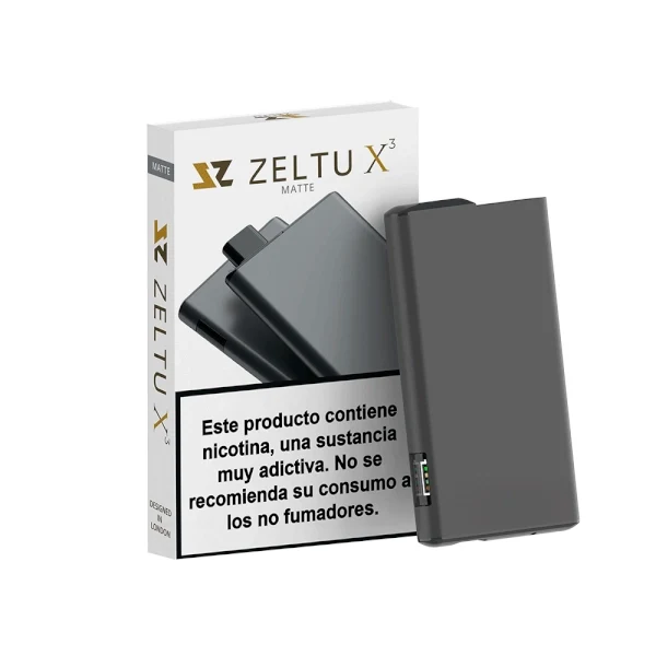 Pod recargable Zeltu X3 gris oscuro junto a su caja blanca, con imágenes del dispositivo y advertencia sobre la nicotina.