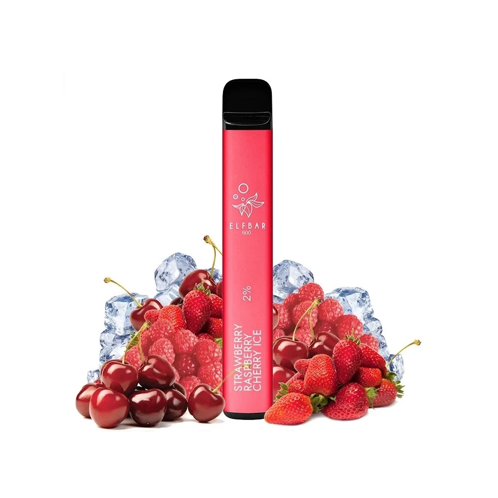 Vapeador Elfbar 600 rosa con boquilla negra y texto Strawberry Raspberry Cherry Ice, rodeado de fresas, frambuesas, cerezas y hielo.