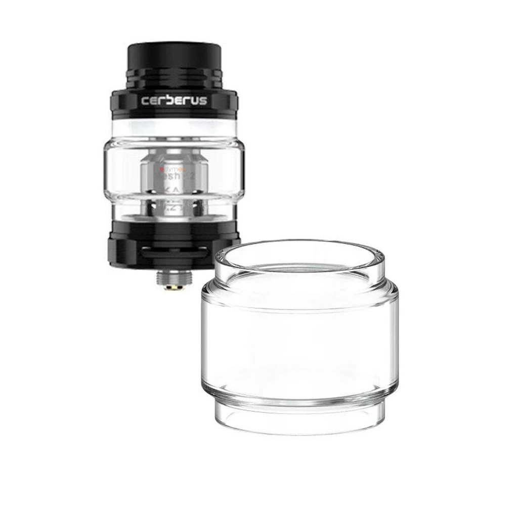 Cristal de repuesto Geekvape Cerberus Bulb Glass, transparente y abombado, junto a un atomizador negro montado. Cristal de repuesto Geekvape Cerberus Bulb Glass, transparente y abombado, junto a un atomizador negro montado.