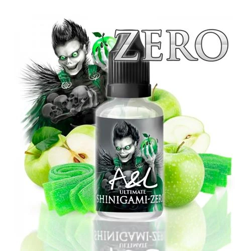 Frasco de Shinigami Zero de A&L Ultimate con tapón negro, personaje ilustrado, manzanas verdes y tiras de golosina verdes alrededor.