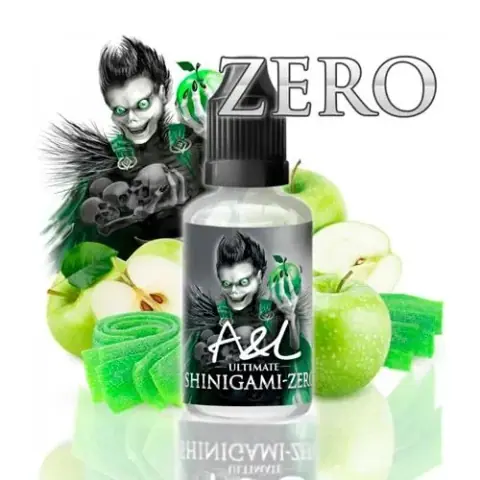 Frasco de Shinigami Zero de A&L Ultimate con tapón negro, personaje ilustrado, manzanas verdes y tiras de golosina verdes alrededor.