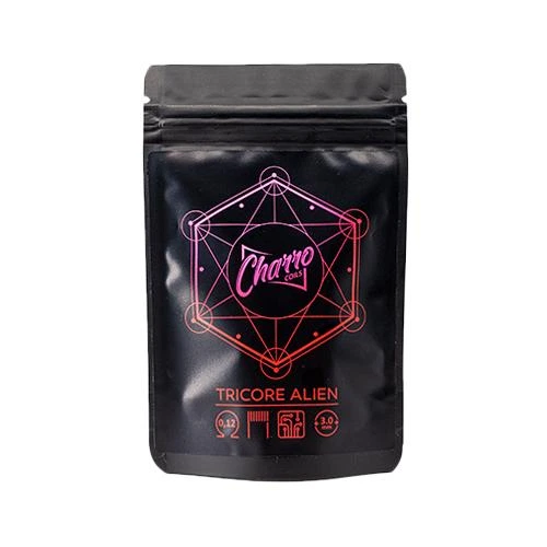 Bolsa negra de Charro Coils con cierre superior, dibujo geométrico rosa y rojo y texto Tricore Alien 0,12 Ω.