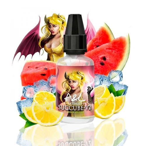 Frasco A&L Ultimate Succube V2 con tapón negro, rodeado de sandía, limón y hielo, con un personaje femenino alado al fondo.