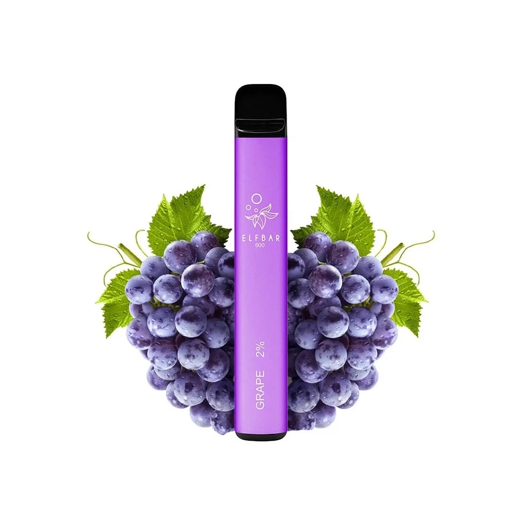Vapeador morado Elfbar 600 Grape con boquilla negra y texto «2 %», delante de racimos de uvas moradas con hojas verdes.