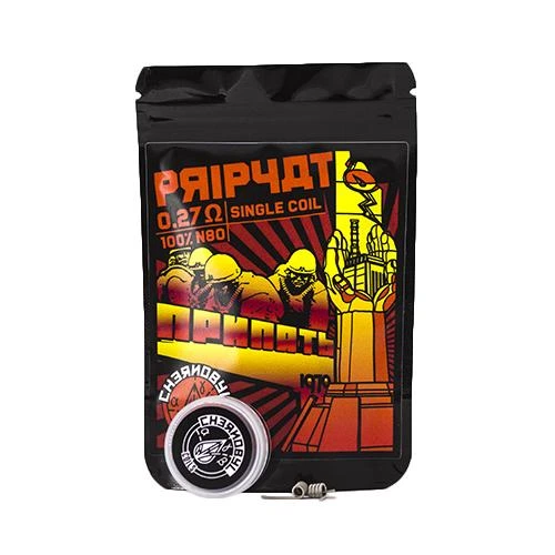 Bolsa negra de resistencias Pripyat 0,27 Ω Chernobyl Coils con ilustración roja y amarilla, bote circular y resistencia delante.