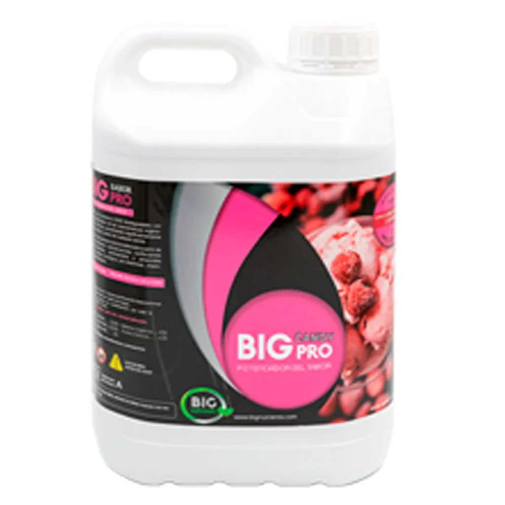 Garrafa blanca de Big Candy Pro Big Nutrients con asa y tapón superior, etiqueta negra y rosa con motivos de frutas. Garrafa blanca de Big Candy Pro Big Nutrients con asa y tapón superior, etiqueta negra y rosa con motivos de frutas.
