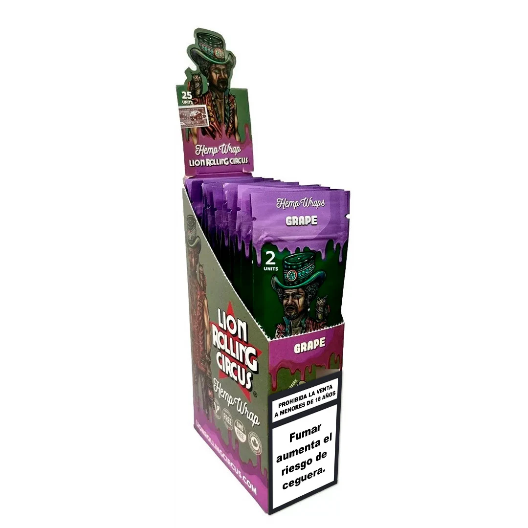 Expositor de Hemp Wraps Grape de Lion Rolling Circus, con sobres morados y verdes y una advertencia sanitaria en el frontal.