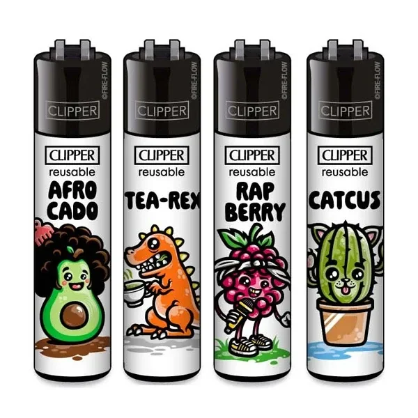 Mecheros Clipper Classic Cute Slogan con cabezales negros y dibujos de aguacate, dinosaurio, baya rapera y cactus con orejas.