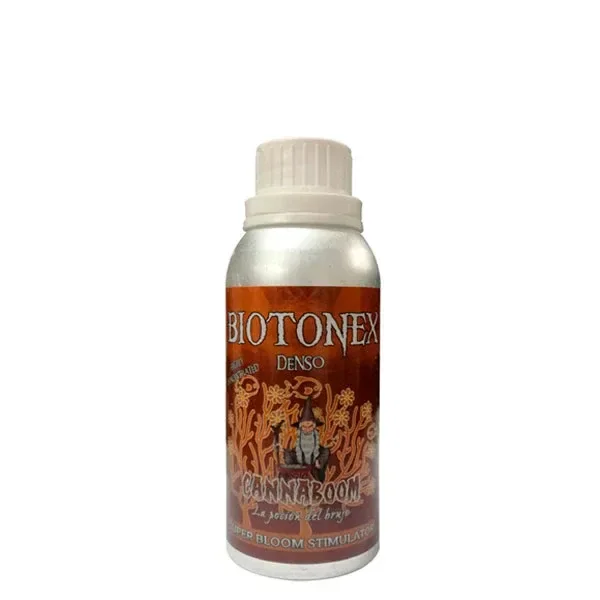 Botella plateada de Biotonex Cannaboom con tapón blanco estriado y etiqueta naranja con los textos «Biotonex Denso» y «Super Bloom Stimulator».