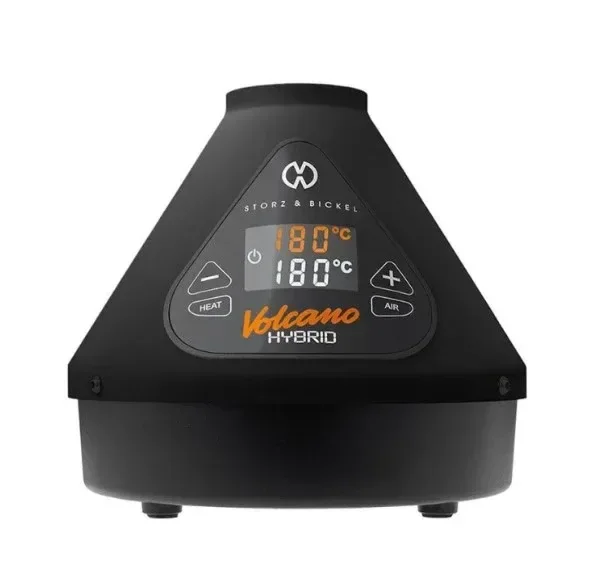 Vaporizador Volcano Hybrid Onyx negro, visto de frente, con panel digital a 180 °C y botones de temperatura, calor y aire.