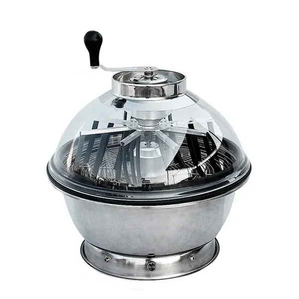 Peladora Bowl Dutch Master con recipiente metálico, cúpula transparente y manivela superior con empuñadura negra, sobre fondo blanco.
