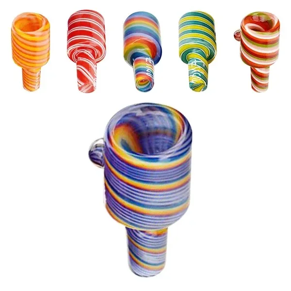 Selección de cazoletas de cristal Candy Mix con franjas de distintos colores y una variante azul multicolor ampliada en primer plano.