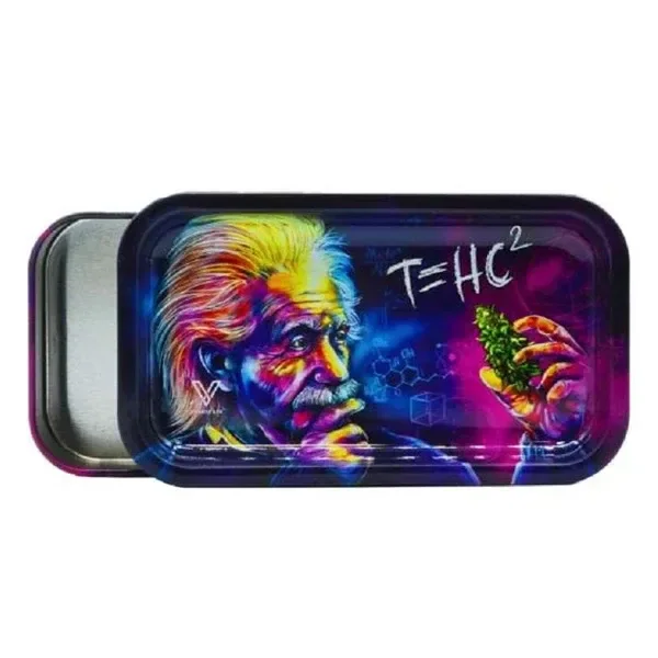 Bandeja y caja THC2 Classic con retrato multicolor de Einstein sosteniendo un cogollo y la inscripción THC al cuadrado.