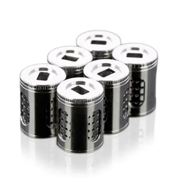 Varias cápsulas DaVinci IQ IQC de acero inoxidable, con forma cilíndrica, perforaciones laterales y aberturas en las tapas, sobre fondo blanco.