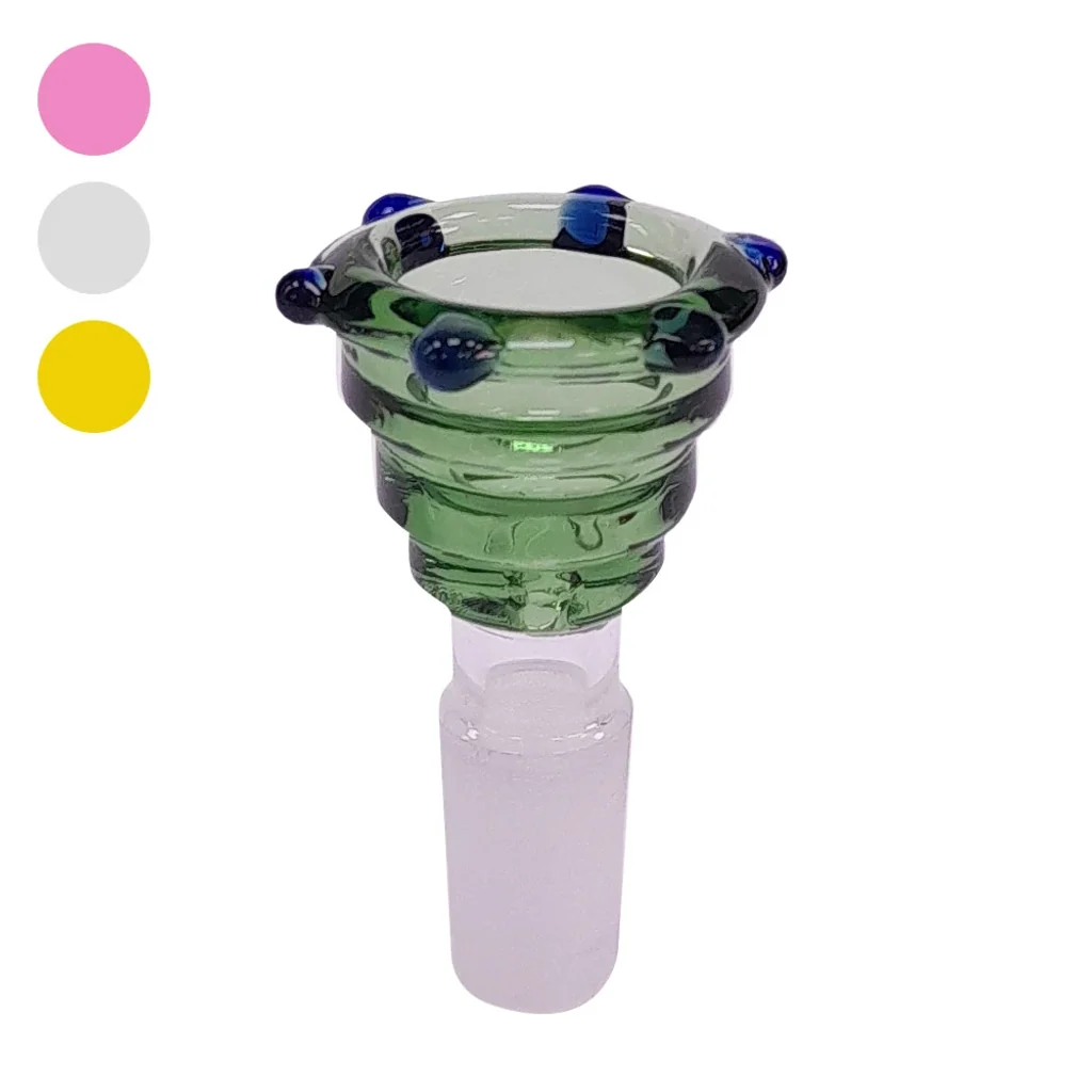 Cazoleta de cristal verde con relieves circulares, gotas azules en el borde y conexión esmerilada, junto a muestras de color.