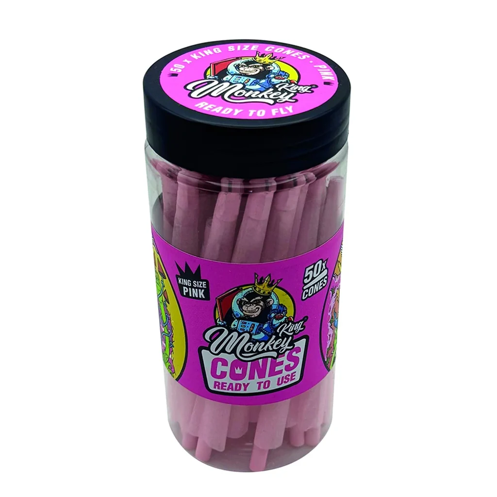 Bote transparente de conos rosas Monkey King Size Pink, con tapa negra y etiqueta fucsia que indica 50 conos.