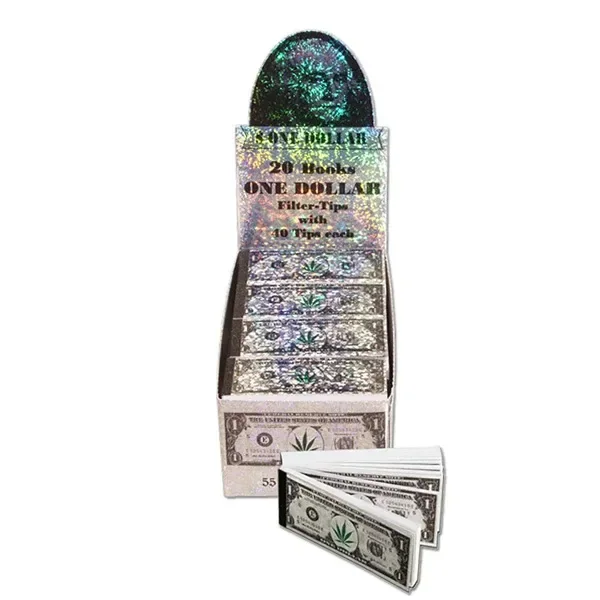 Expositor de filtros Tips Dollar con libritos de acabado holográfico y diseño de billete; delante aparece un librito abierto en abanico.
