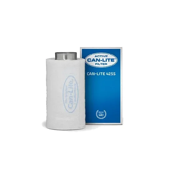 Filtro CAN-Lite 425S cilíndrico con cubierta blanca y boca metálica superior, junto a su caja azul sobre fondo blanco. Filtro CAN-Lite 425S cilíndrico con cubierta blanca y boca metálica superior, junto a su caja azul sobre fondo blanco.