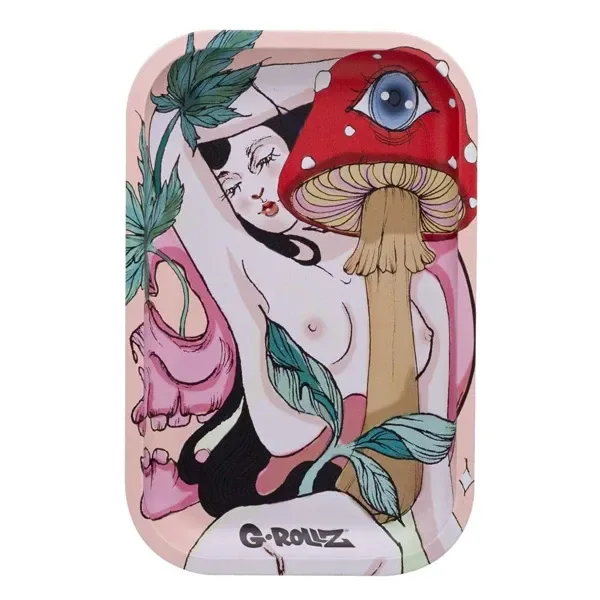 Bandeja G-Rollz rosa con ilustración de una mujer de torso desnudo, una seta roja con un ojo, hojas verdes y una calavera lateral.