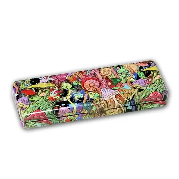 Caja rectangular G-Rollz King Size cerrada, vista en diagonal, con esquinas redondeadas y un estampado multicolor de setas.