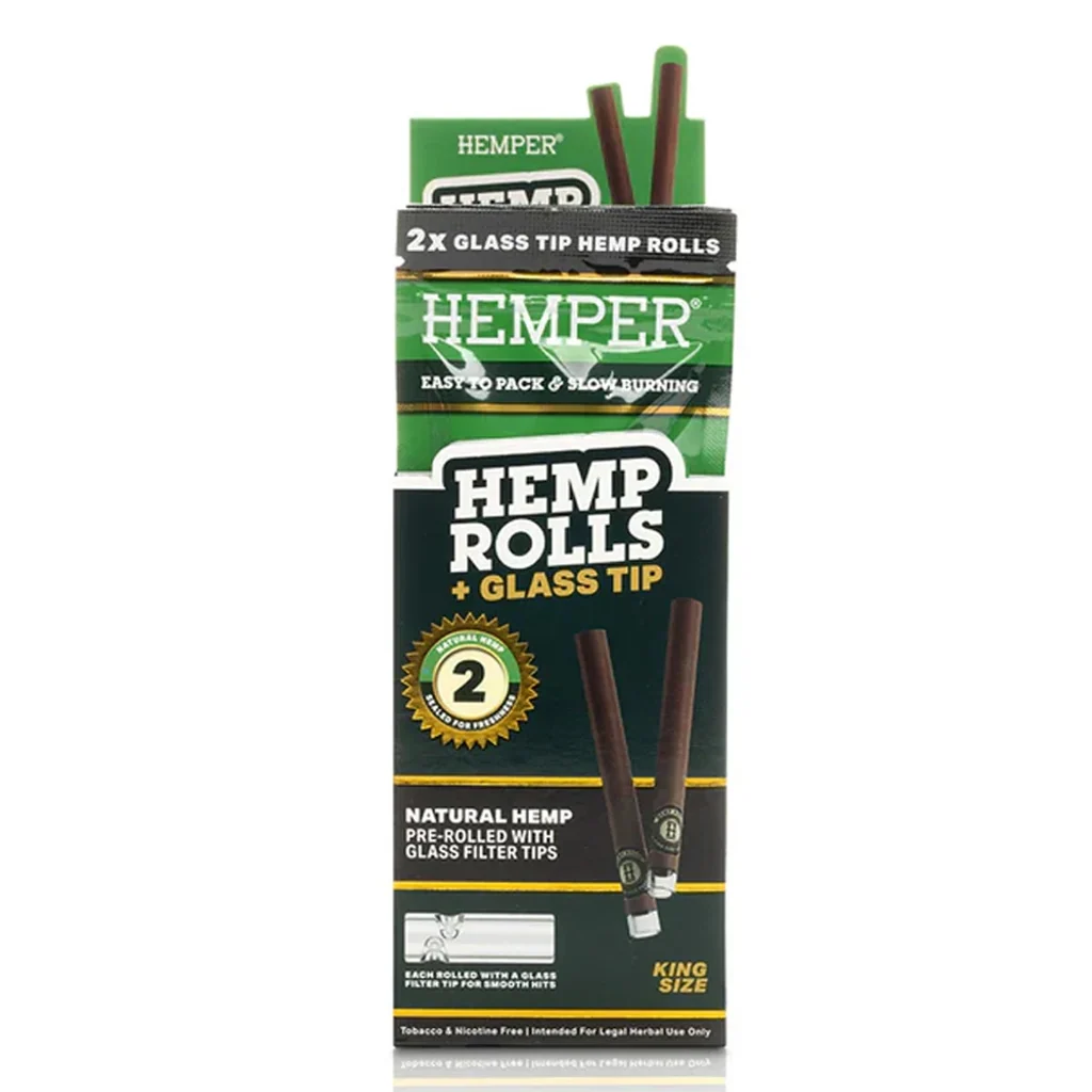 Envase verde de Hemper Hemp Rolls con la indicación de dos unidades King Size con boquilla de vidrio y dibujos de los conos marrones.