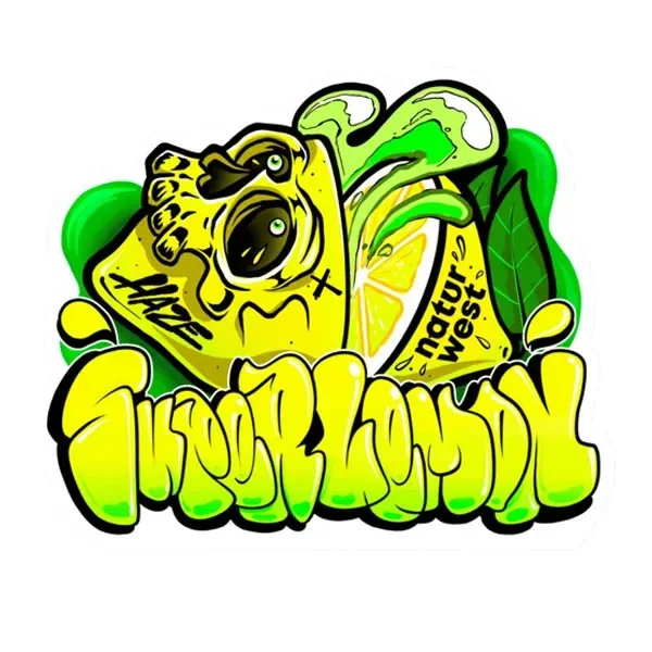 Diseño gráfico Super Lemon Haze de Naturwest en amarillo y verde, con una calavera estilizada, una rodaja de limón y letras de estilo grafiti.