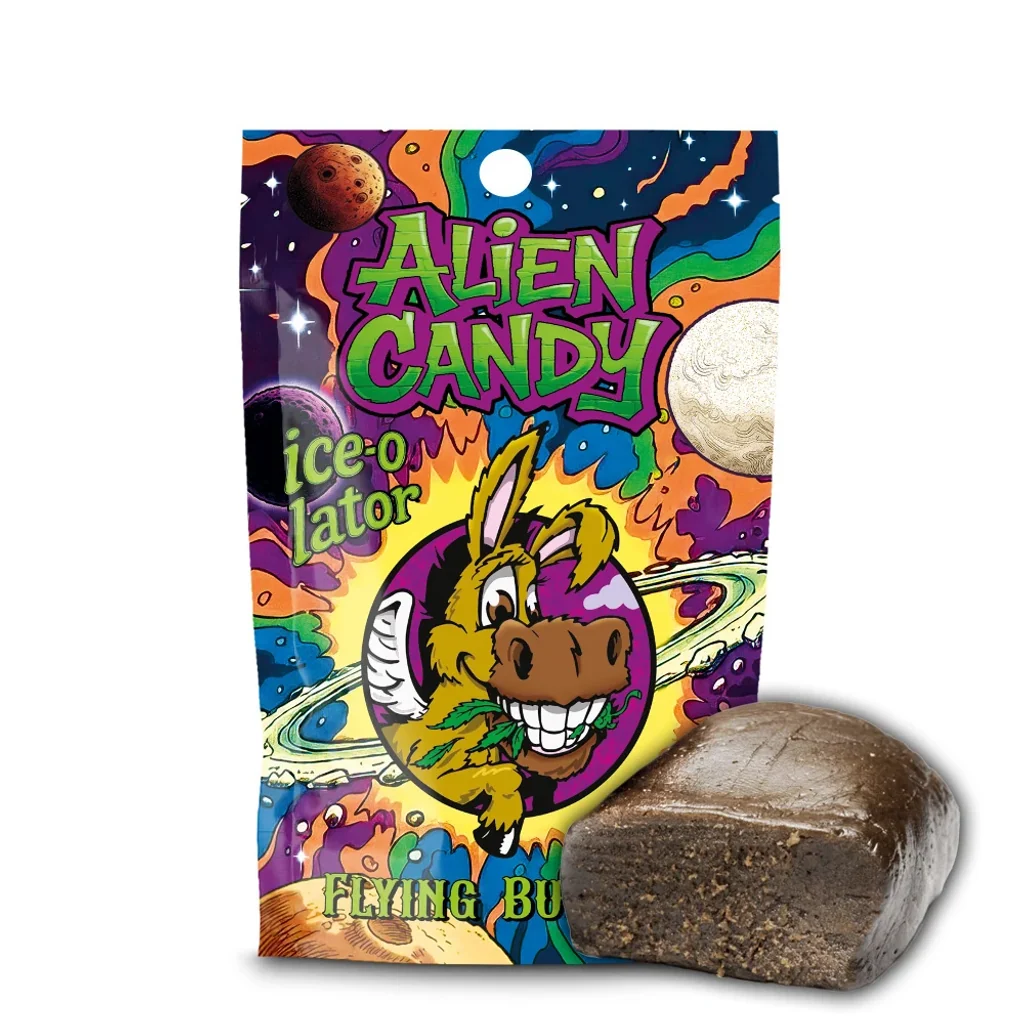Bloque marrón con una cara cortada delante de una bolsa Alien Candy Ice-O-Lator, con un burro sonriente y motivos espaciales multicolor.