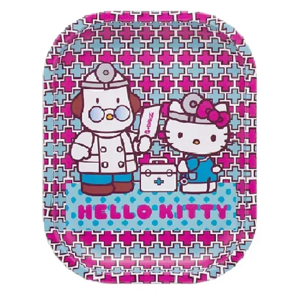 Bandeja G-Rollz Hello Kitty Doctor con esquinas redondeadas, personajes vestidos de sanitarios y fondo de cruces rosas y azules.