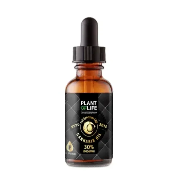 Frasco ámbar de aceite CBD Full Spectrum 30% Plant of Life, con cuentagotas negro y etiqueta negra con detalles dorados.