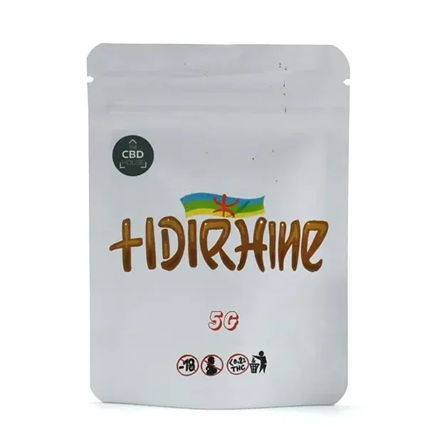 Bolsa blanca con cierre superior, nombre Tidirhine bajo una bandera de colores, sello CBD y texto 5G en el frontal.