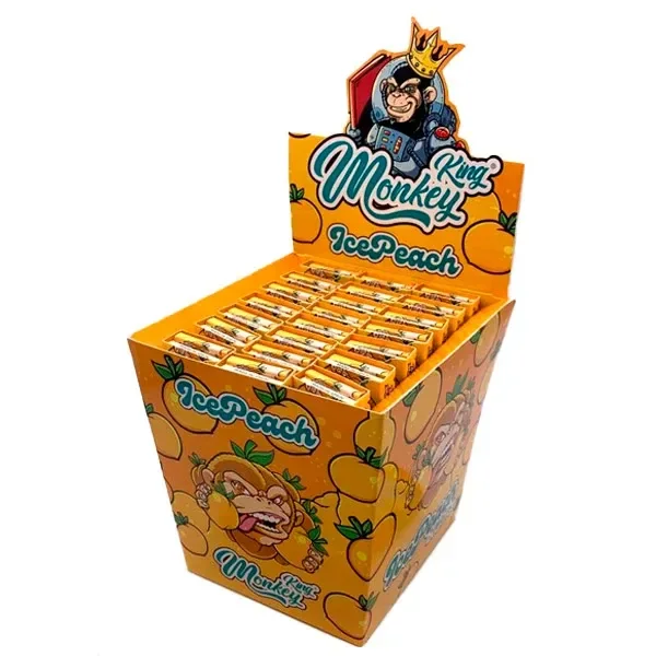 Expositor naranja de papel Monkey King con varios libritos, dibujos de melocotones y un mono coronado en la cabecera.
