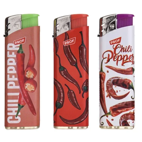 Selección de mecheros PROF Chilli Peppers con distintos diseños de guindillas rojas y pulsadores verde, rojo y morado. Selección de mecheros PROF Chilli Peppers con distintos diseños de guindillas rojas y pulsadores verde, rojo y morado.