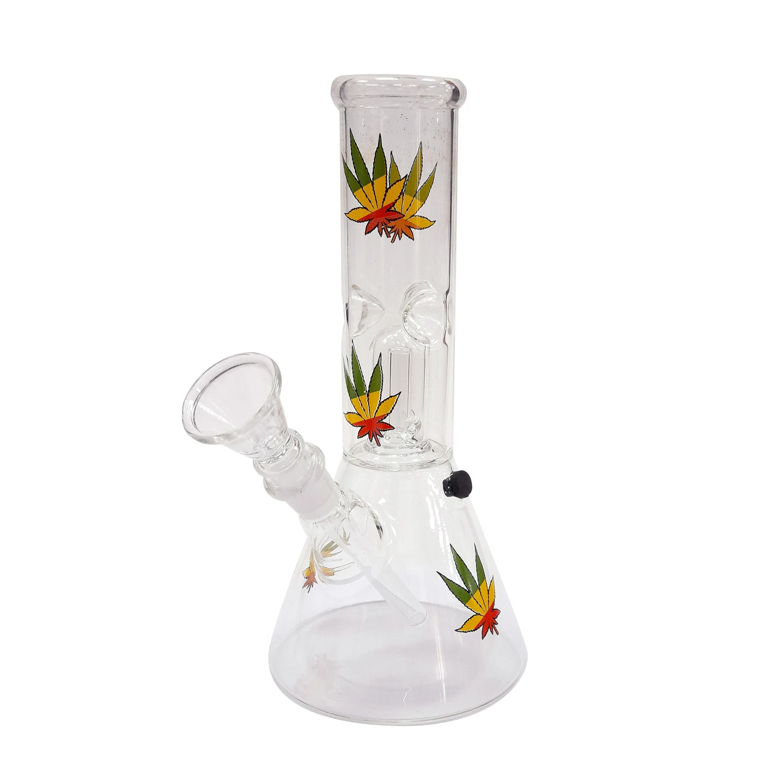 Bong transparente de base ensanchada con hojas verdes, amarillas y rojas, cazoleta lateral y tubo interior visible.