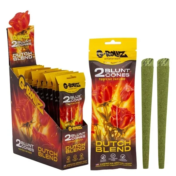 Conos verdes G-Rollz Dutch Blend junto a un sobre y un expositor con varias unidades, en envases amarillos y oscuros decorados con tulipanes.