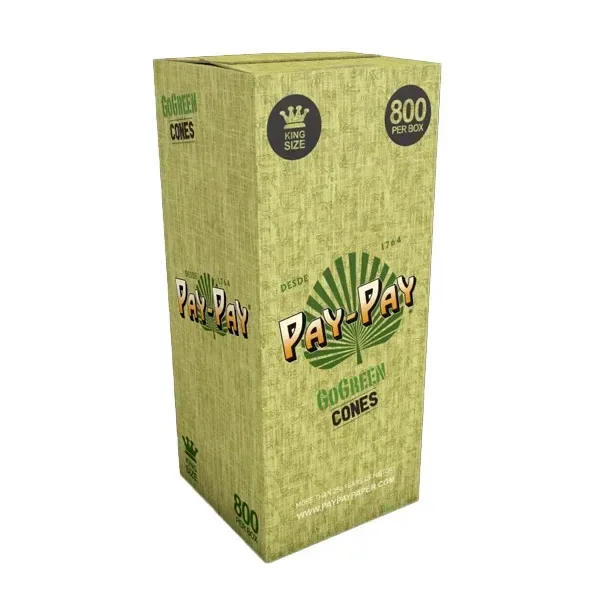 Caja verde de conos Pay-Pay GoGreen, vista en ángulo sobre fondo blanco, con las indicaciones King Size y 800 por caja.