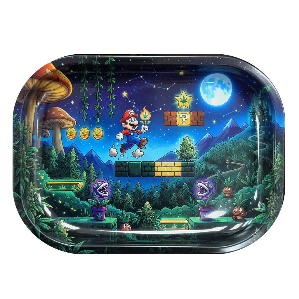 Bandeja rectangular de bordes redondeados con Mario saltando entre bloques, plantas de cannabis y setas bajo un cielo nocturno.