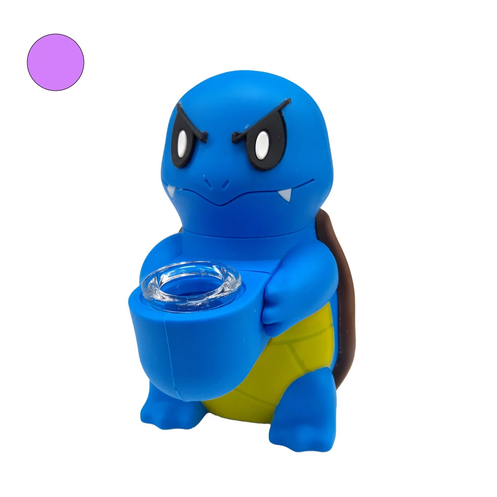 Bong con forma de tortuga azul, vientre amarillo, caparazón marrón y cazoleta transparente integrada en la parte frontal.